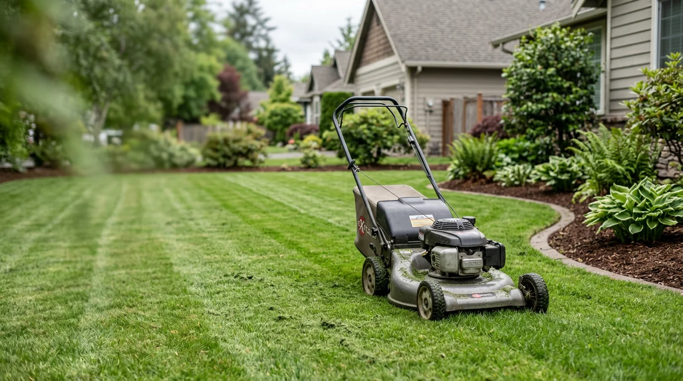A neatly mowed and edged residential lawn in Centralia, WA, with clean turf lines along a concrete walkway. The yard shows healthy cool-season grass typical of western Washington properties.