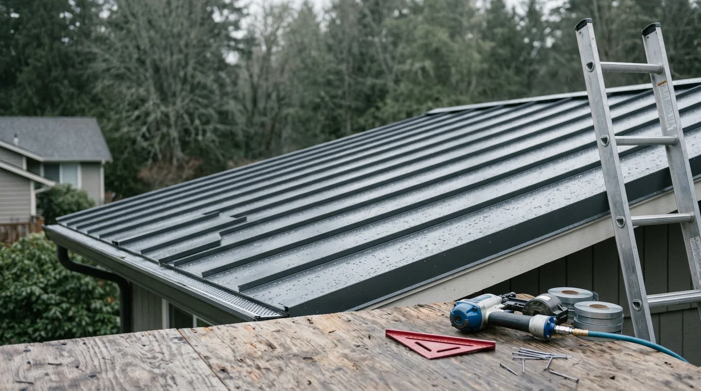 A completed metal roof installation on a residential home in Centralia, WA, with clean panel lines and a matte finish suited to the Pacific Northwest climate. The surrounding mature trees and overcast sky reflect the damp Lewis County environment the roof is built to handle.