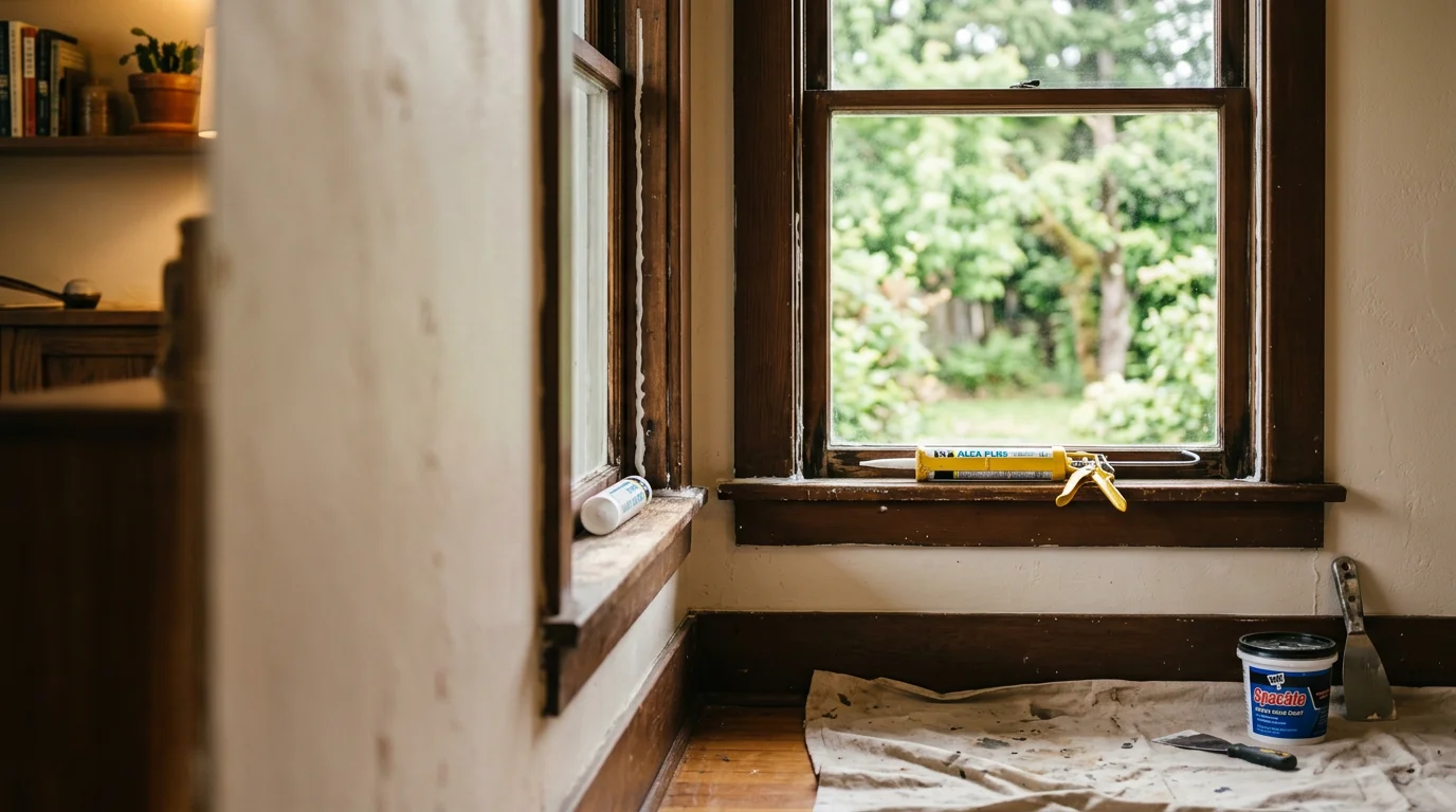 A repaired interior wall in a Centralia, WA home showing a smooth drywall patch and freshly painted finish. A craftsman's tools rest nearby on a drop cloth, indicating active minor repair work in progress.