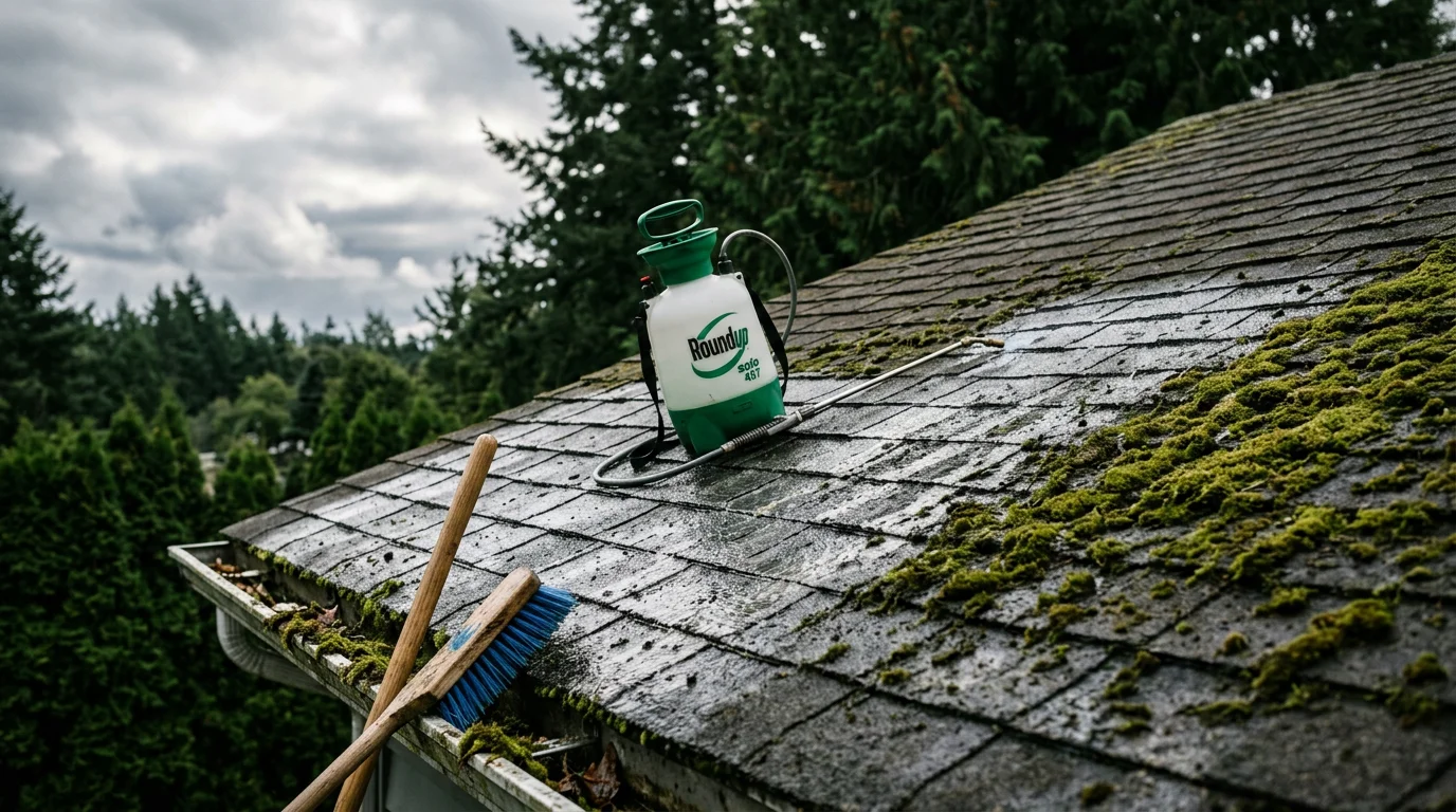 A Centralia, WA home roof with moss fully removed from asphalt shingles, showing clean, intact roofing material after professional moss removal and treatment service. The north-facing slope of the roof is clear of green growth and debris.