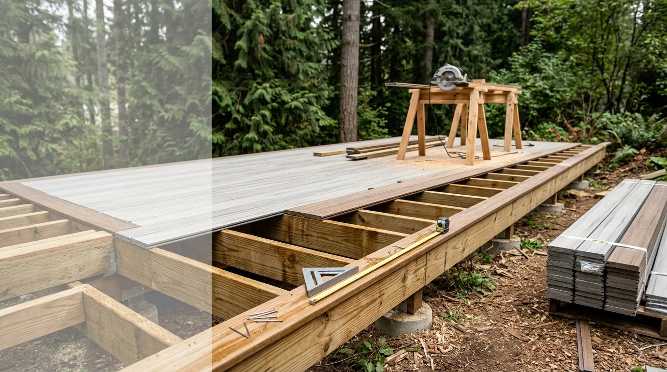 Newly constructed wood deck attached to a residential home in Centralia, WA, with open backyard space visible and surrounding Pacific Northwest tree line in the background. Clean framing and finished decking boards show a complete new deck build ready for outdoor use.