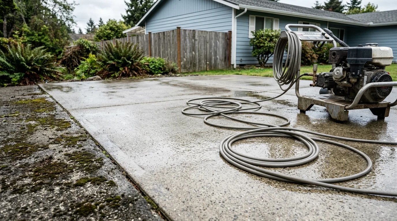A Centralia, WA residential driveway and concrete walkway after professional pressure washing, with moss, algae staining, and dark grime fully removed from the surface.