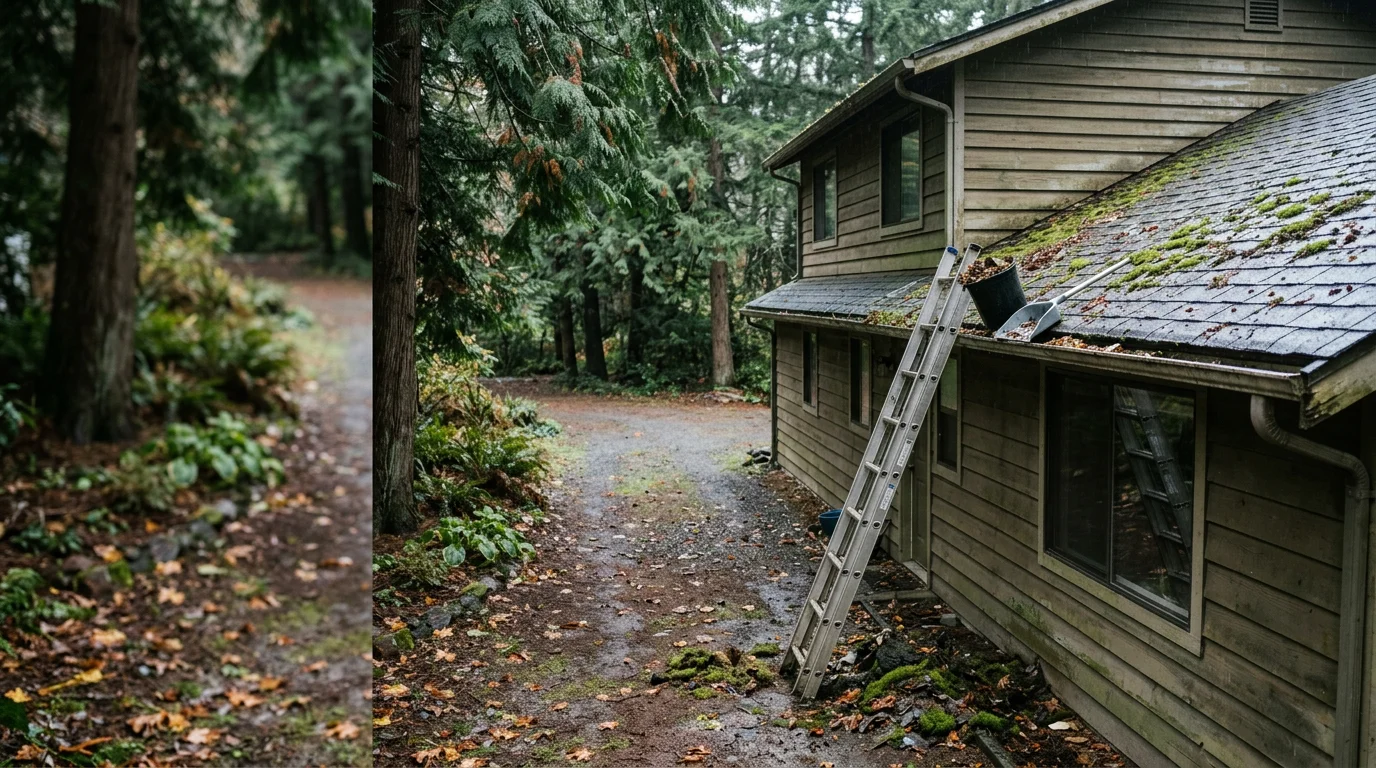 A well-maintained residential property exterior in Centralia, WA, showing clean siding, intact trim, and a tidy yard after property maintenance work. Pacific Construction and More LLC crew completing upkeep repairs on a single-family home in Lewis County, Washington.