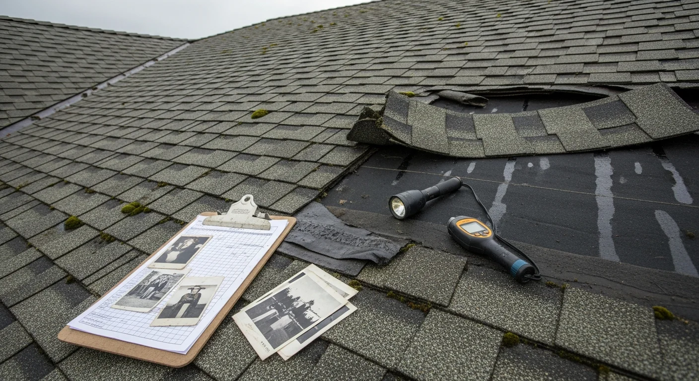A Pacific Construction & More, LLC roofing contractor inspecting the shingles and flashing on a residential roof in Centralia, WA. The inspector examines wear and storm damage on a typical Lewis County home during overcast Pacific Northwest weather.