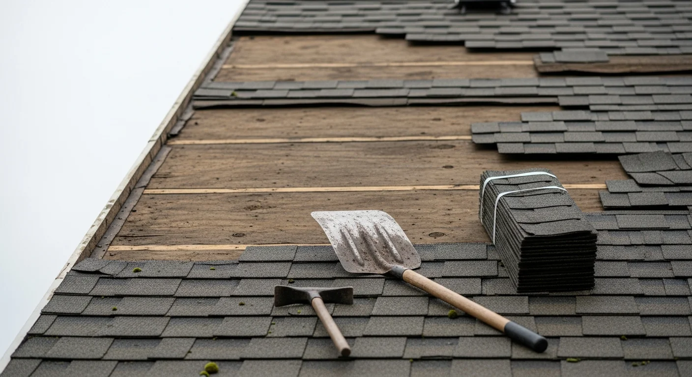 A roofing contractor repairing damaged shingles and flashing on a residential home in Centralia, WA. The repaired roof section shows fresh materials secured against the wet Pacific Northwest climate.