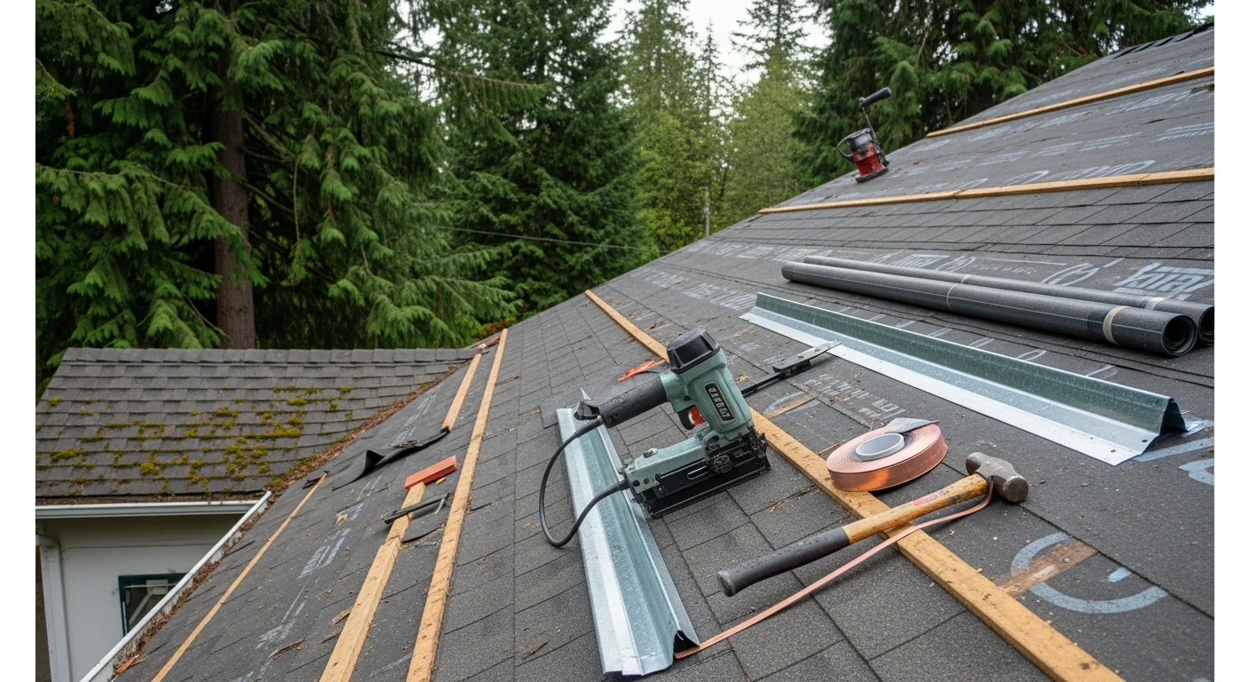 A completed residential roof replacement on a single-family home in Centralia, WA, showing new roofing installed over a repaired wood deck with fresh flashing around the chimney. The surrounding landscape reflects the heavily treed, wet Pacific Northwest environment typical of Lewis County.