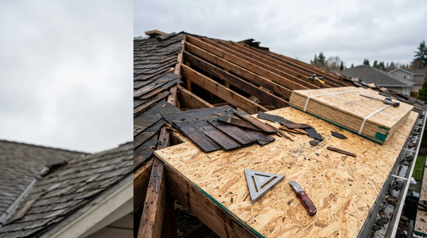 A roofing crew inspecting and replacing damaged roof sheathing panels on a residential home in Centralia, WA, with old decking removed and new wood panels being secured to the rafters before underlayment installation.