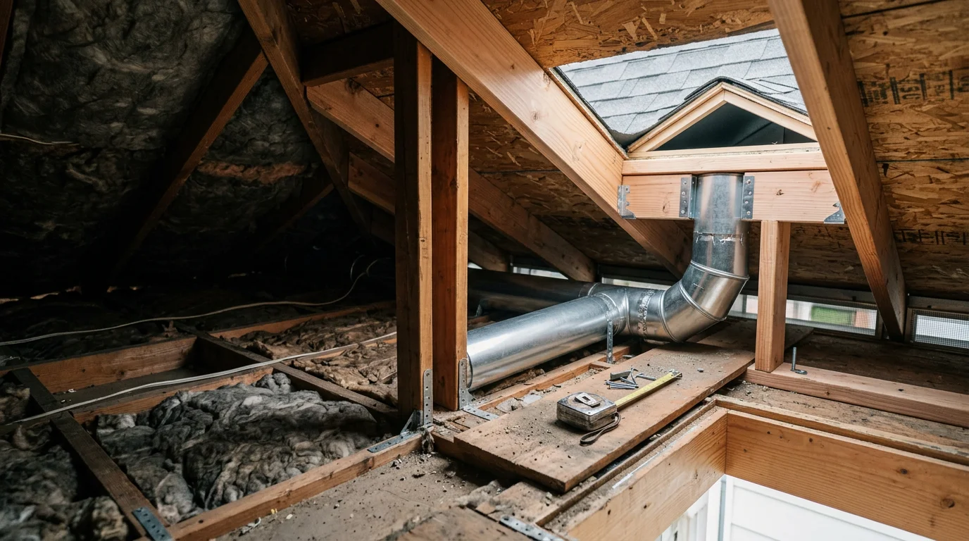A residential roof in Centralia, Washington showing properly installed ridge and soffit vents on a pitched shingle roof. The surrounding landscape reflects the Pacific Northwest's wet, tree-lined environment typical of Lewis County homes.