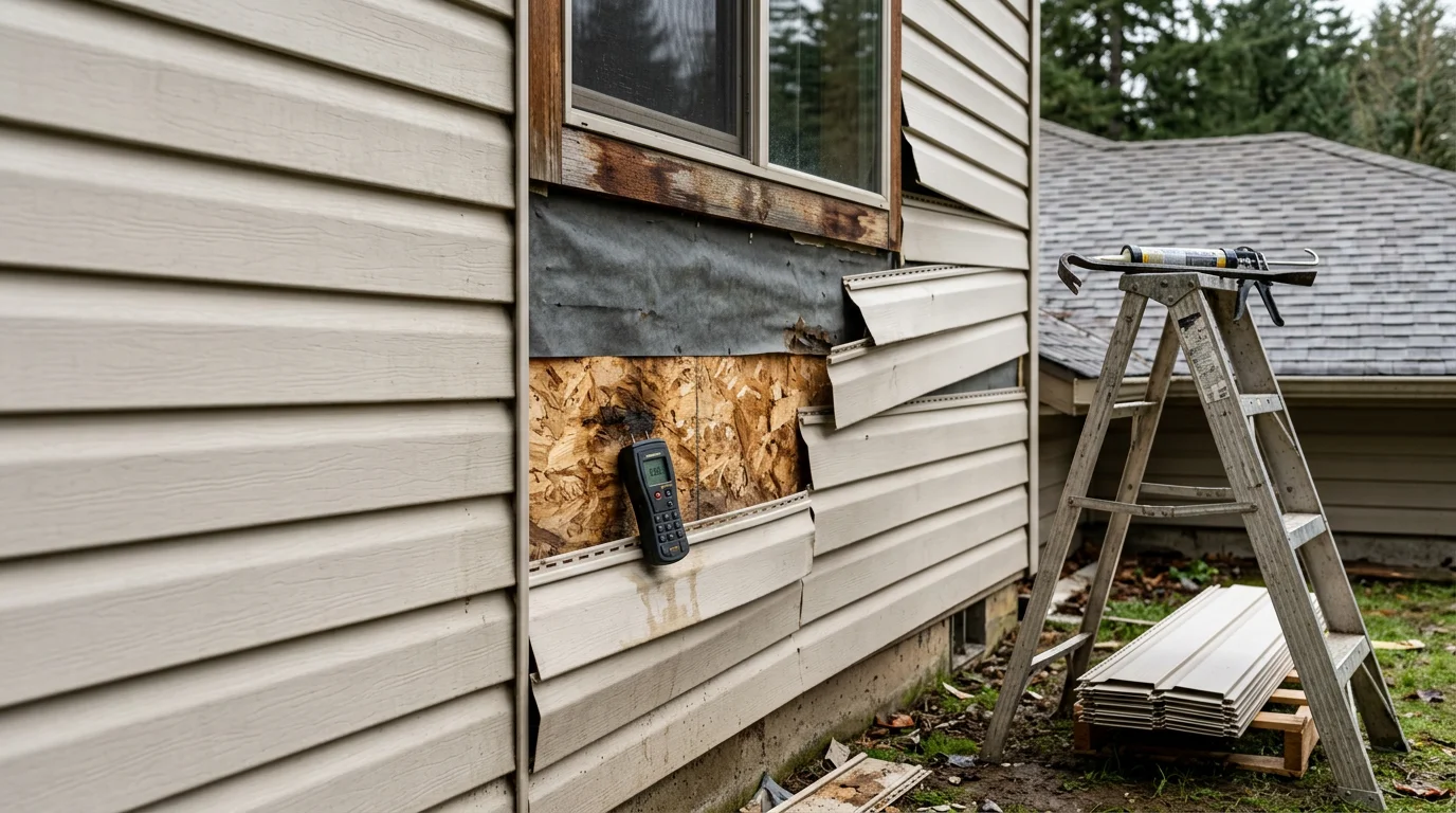Storm-damaged exterior siding on a residential home in Centralia, WA showing cracked and displaced panels along the front wall. A contractor inspects the trim and seams for moisture intrusion after a Pacific Northwest wind and rain event.