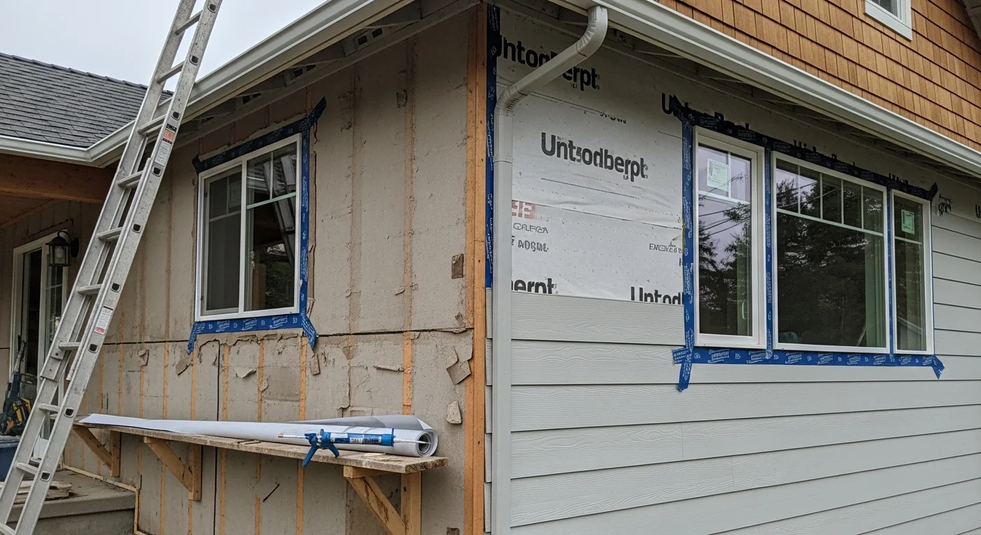 Freshly installed exterior siding on a single-family home in Centralia, WA, with clean panel lines and sealed trim visible along the roofline and corners. The completed installation shows a tight, weather-ready exterior suited to the wet Pacific Northwest climate of Lewis County.