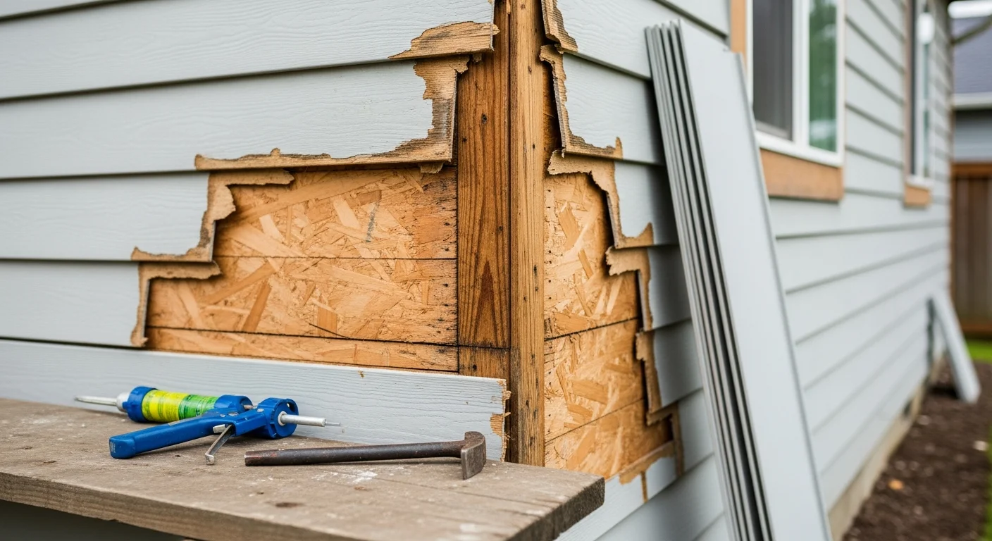A Centralia, WA single-family home exterior showing freshly repaired siding panels with clean seams and no visible gaps or warping. The repair blends with the surrounding original siding on a residential street in Lewis County.