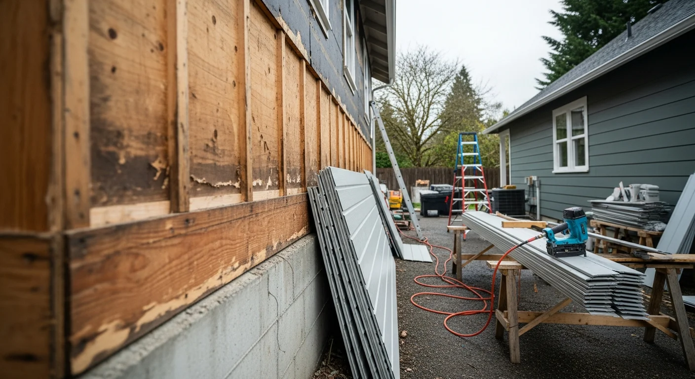 Freshly installed siding on a single-family home in Centralia, WA, showing clean panel lines and tight seams along the exterior wall. The surrounding Pacific Northwest landscape and overcast sky reflect the wet climate conditions the new siding is built to handle.