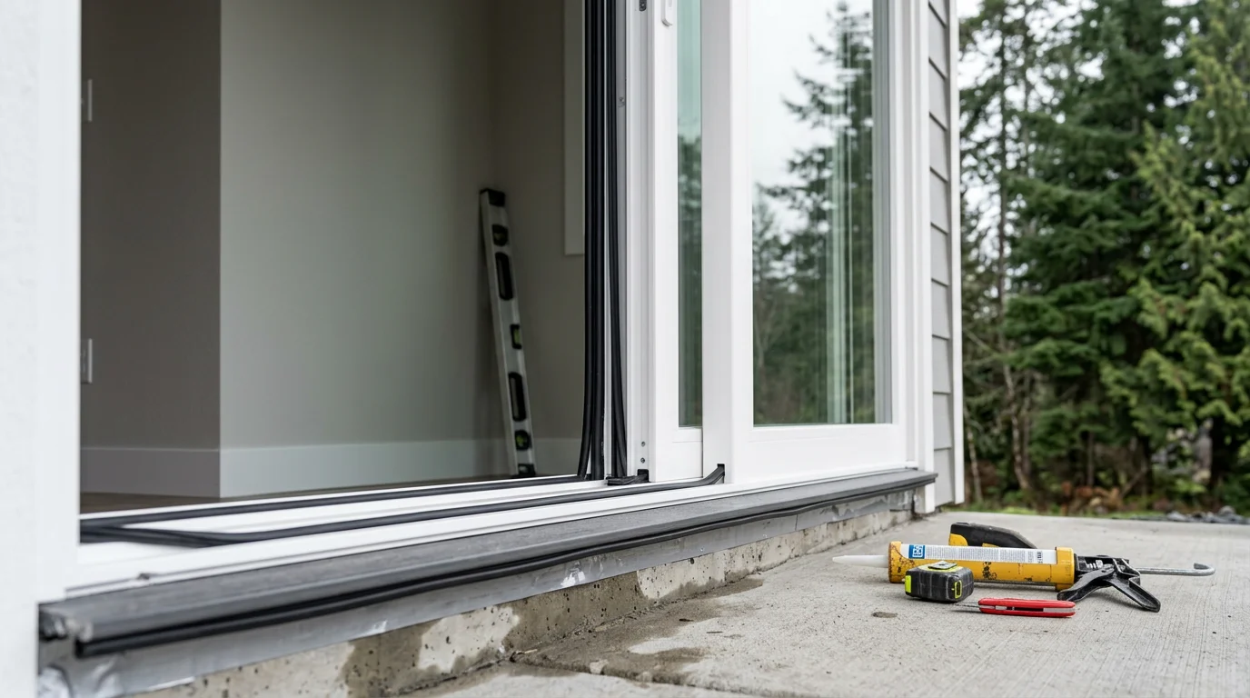 A newly installed sliding glass patio door on a single-family home in Centralia, WA, with a clean aluminum frame, clear dual-pane glass, and a properly finished exterior sill. The door opens to a rear patio with Pacific Northwest tree cover visible in the background.