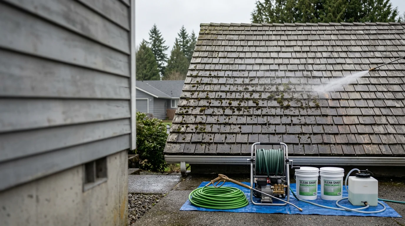 A Centralia, WA home exterior showing clean vinyl siding and a moss-free roof after professional soft washing service by Pacific Construction & More, LLC. Green algae streaks and biological staining have been fully removed from the surface.