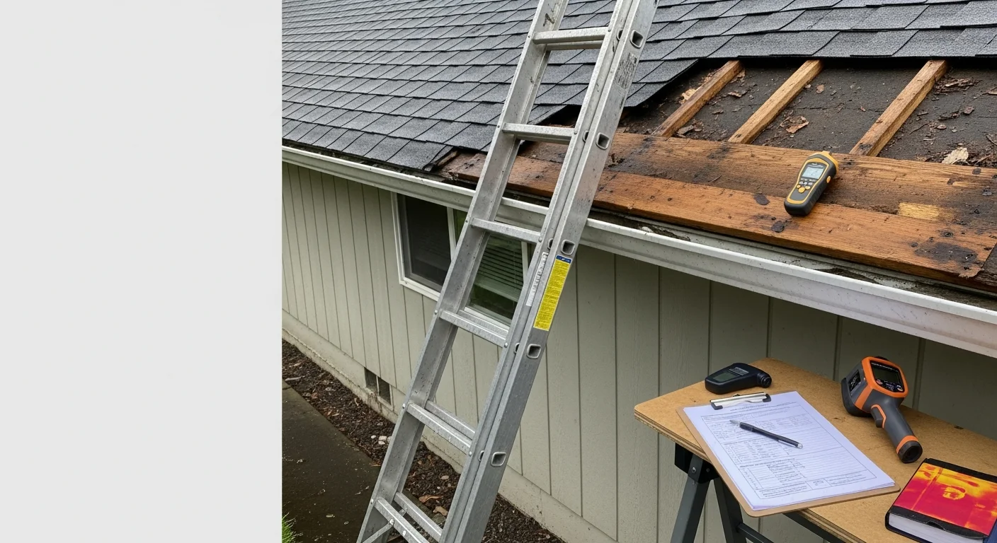 A Centralia, WA residential home exterior showing storm-damaged roof and siding being assessed by a contractor after a Pacific Northwest windstorm. Repair work in progress on the roof deck and upper siding panels with overcast Lewis County skies in the background.