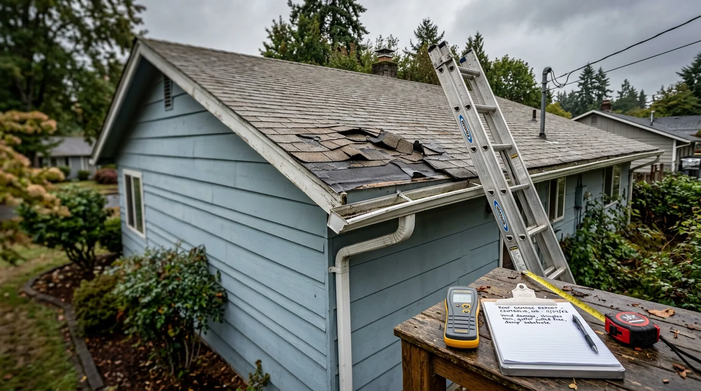 Storm-damaged roof on a single-family home in Centralia, WA showing lifted shingles and debris impact after a Pacific Northwest windstorm. A contractor inspects the exterior damage from a ladder against the roofline.