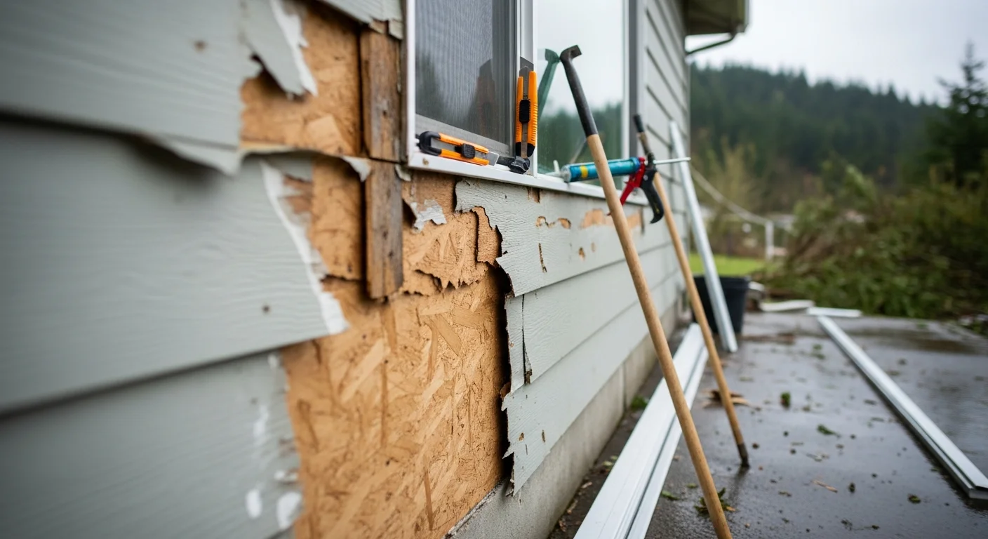 A Centralia, WA home with freshly repaired exterior siding replacing storm-damaged panels on the front wall. The repaired section shows matched siding material sealed against the Pacific Northwest weather.