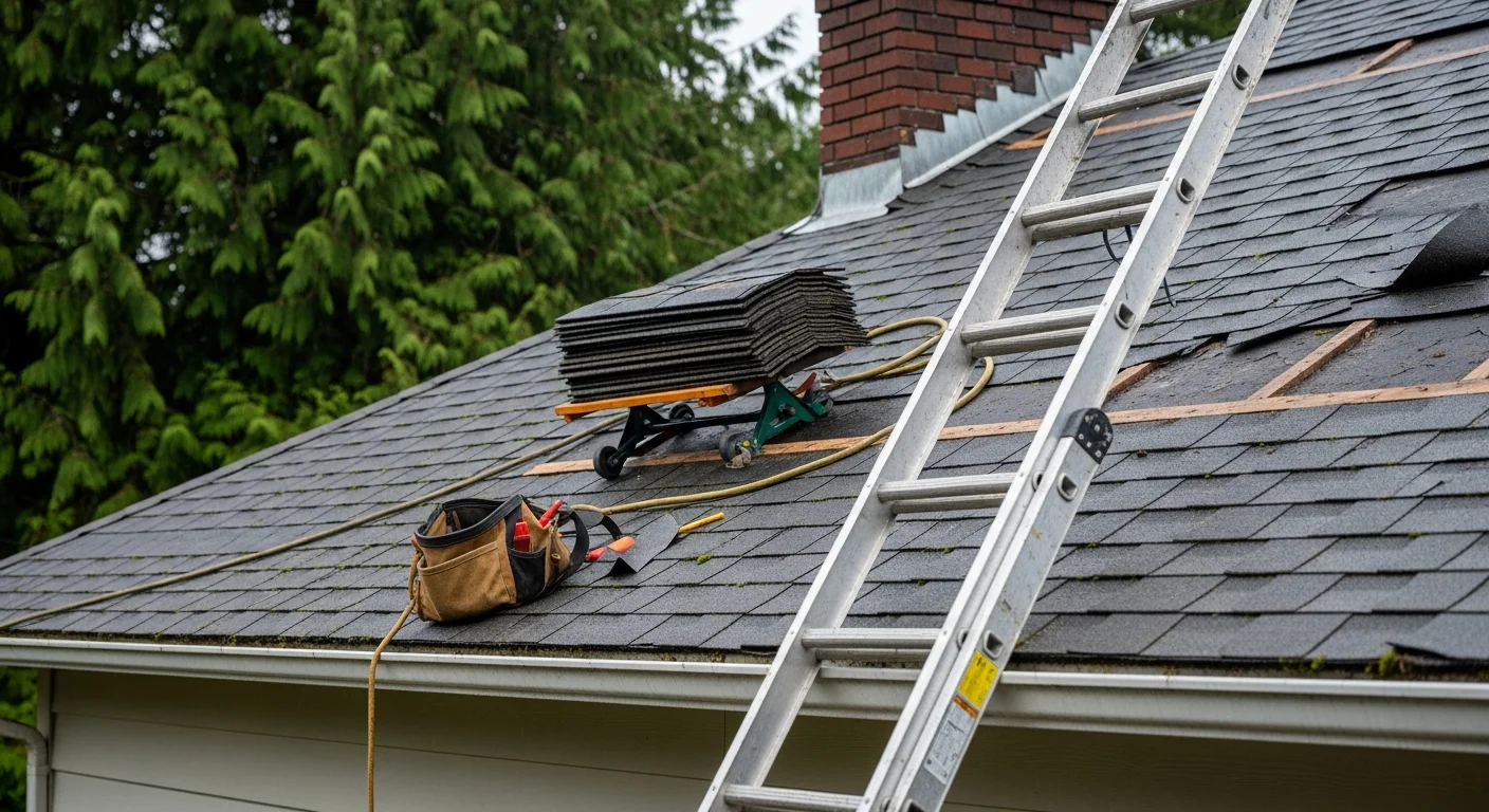 A Centralia, WA residential roof with storm-damaged shingles being repaired by a Pacific Construction & More, LLC crew member resealing lifted flashing along the roofline. Surrounding Lewis County tree cover and overcast Pacific Northwest sky visible in the background.