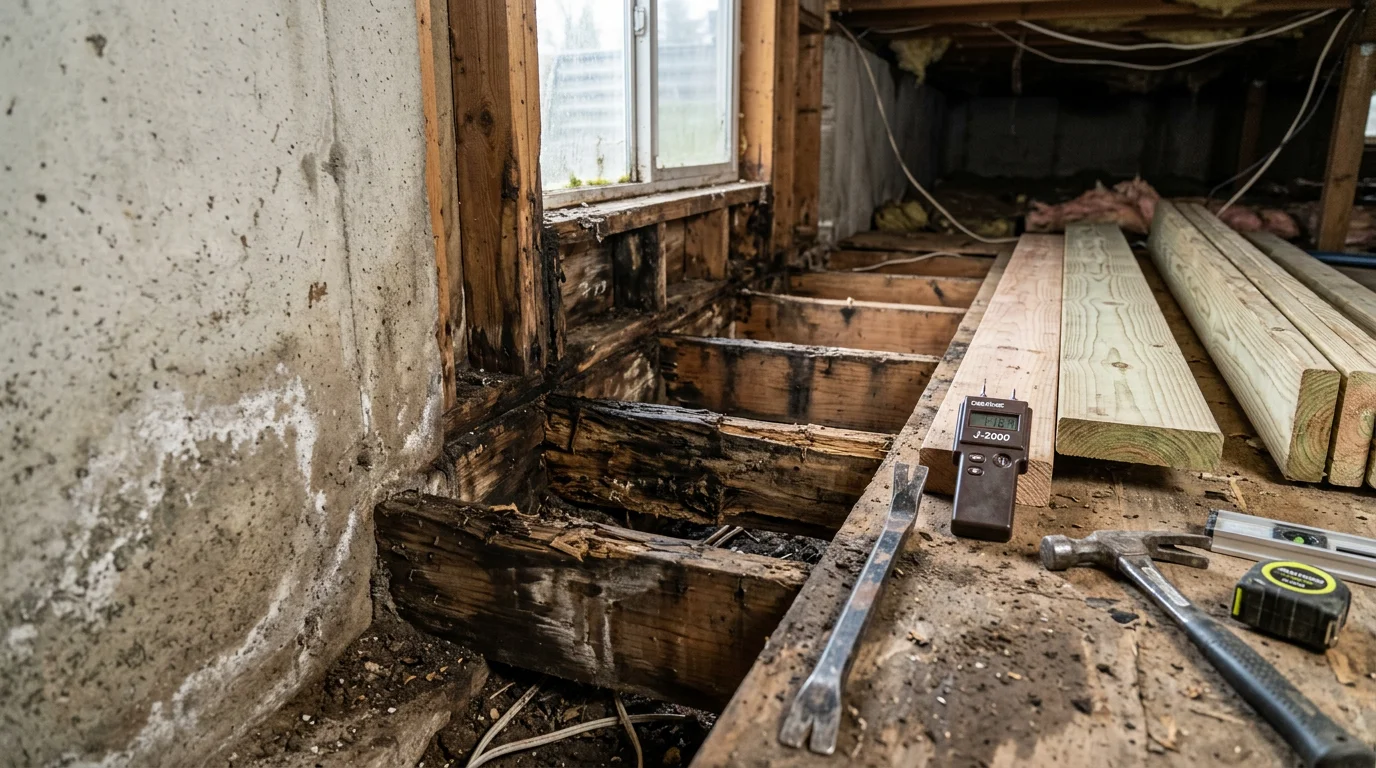 A contractor repairing damaged floor framing and sill plates inside a Centralia, WA home after storm and water damage. Exposed structural members show rot repair in progress on an older Pacific Northwest single-family home.