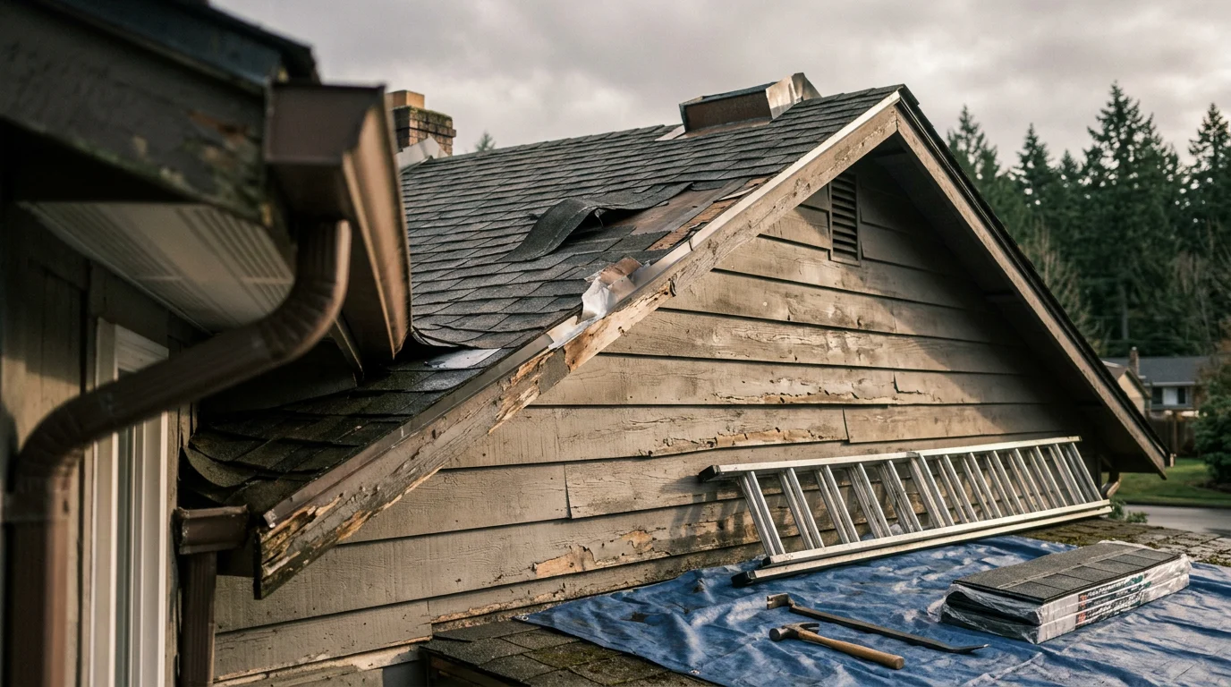 Exterior view of a Centralia, Washington home showing repaired roof shingles and siding panels after wind storm damage. The finished repair blends with the surrounding exterior with no visible patching or gaps.