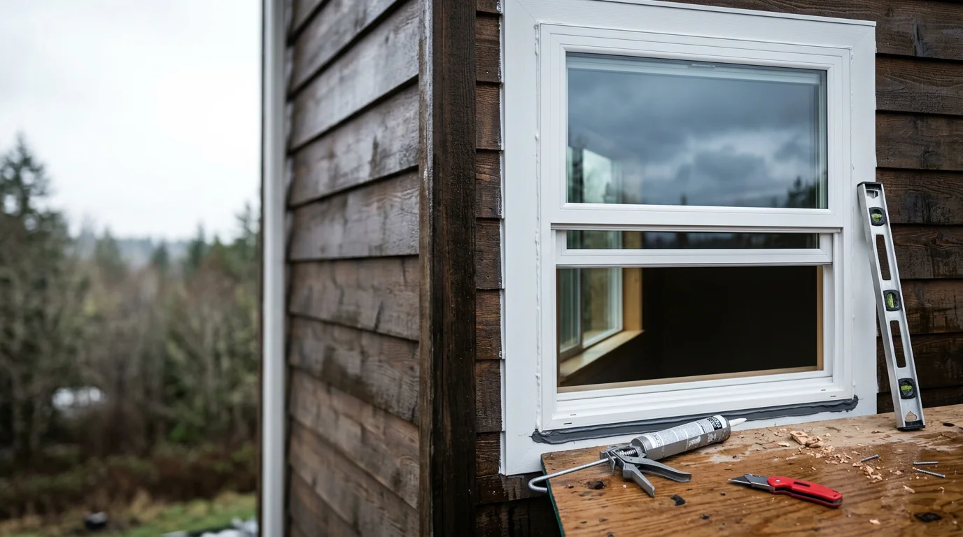 A freshly installed replacement window on a residential home in Centralia, WA, with clean trim lines and a tight seal visible against the exterior siding. The window is fully seated in the frame with no gaps, set against a typical overcast Southwest Washington sky.