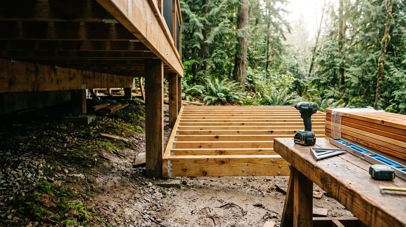 A newly built wood deck attached to a residential home in Centralia, Washington, with clean board lines and solid railing construction. The deck overlooks a backyard typical of Southwest Washington's green, tree-lined properties.
