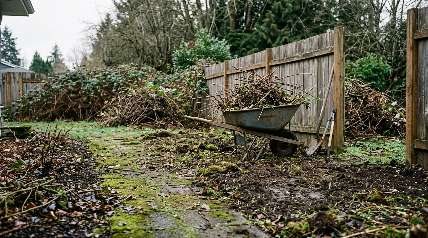 A cleaned residential yard in Centralia, WA with cleared brush, removed leaf debris, and tidy lawn edges visible after a professional yard cleanup. Overcast Pacific Northwest sky in the background with a well-maintained property exterior.